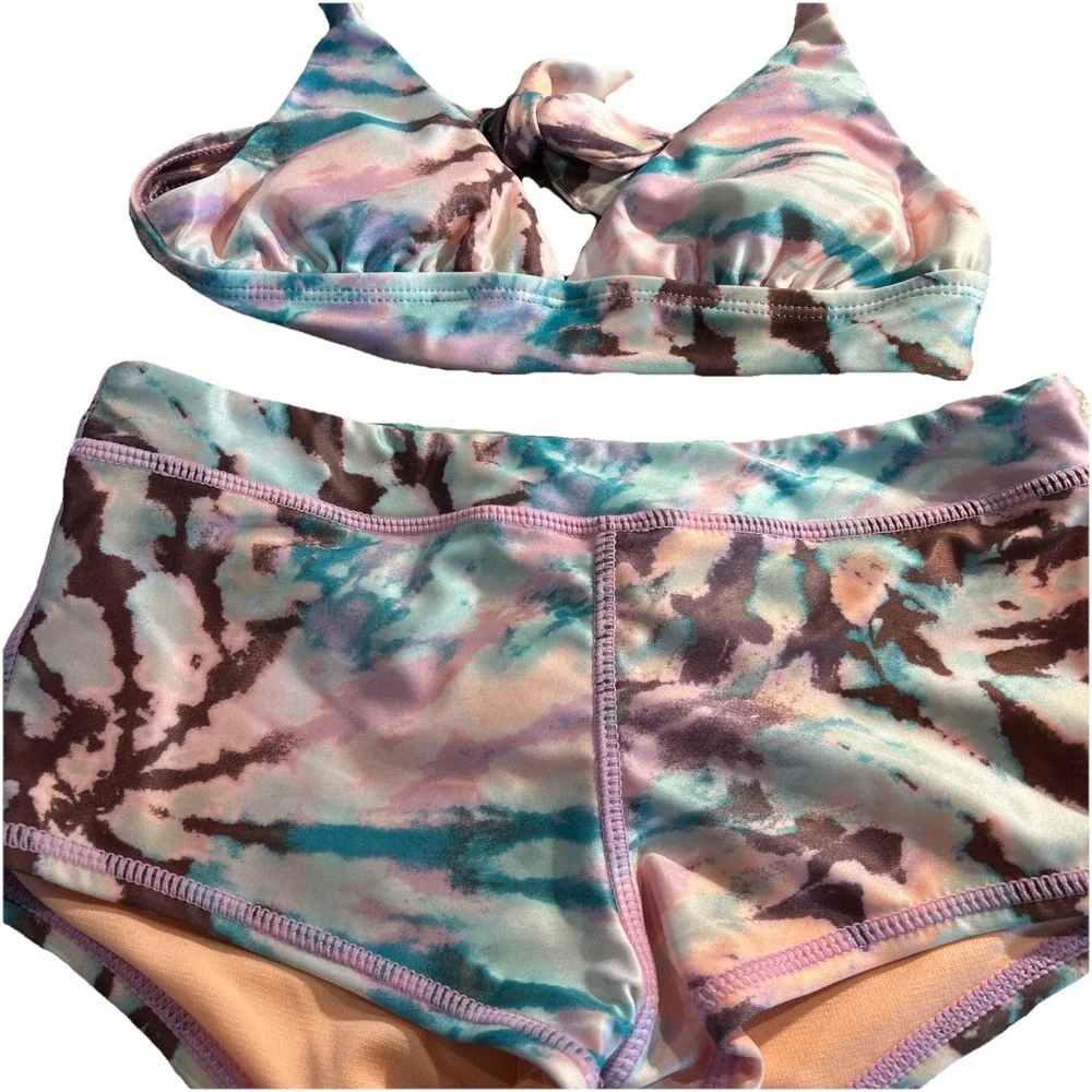 Raisins Girl's 2 Pc MALIBU Bikini Shorts Pink Blue‎ Tie Dye Size 10 Swimsuit $34